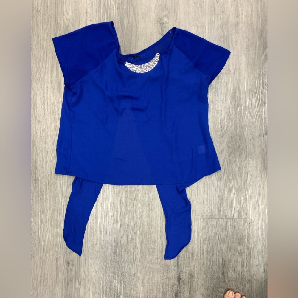 Heartsoul Royal Blue Metal Collar Neckline Tie-Waist Blouse Top Open Back L - Picture 3 of 13